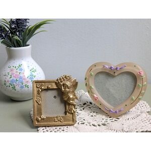 Vintage Mini Picture Frame Set of 2, Cherub Gold Frame & Heart Photo Frame